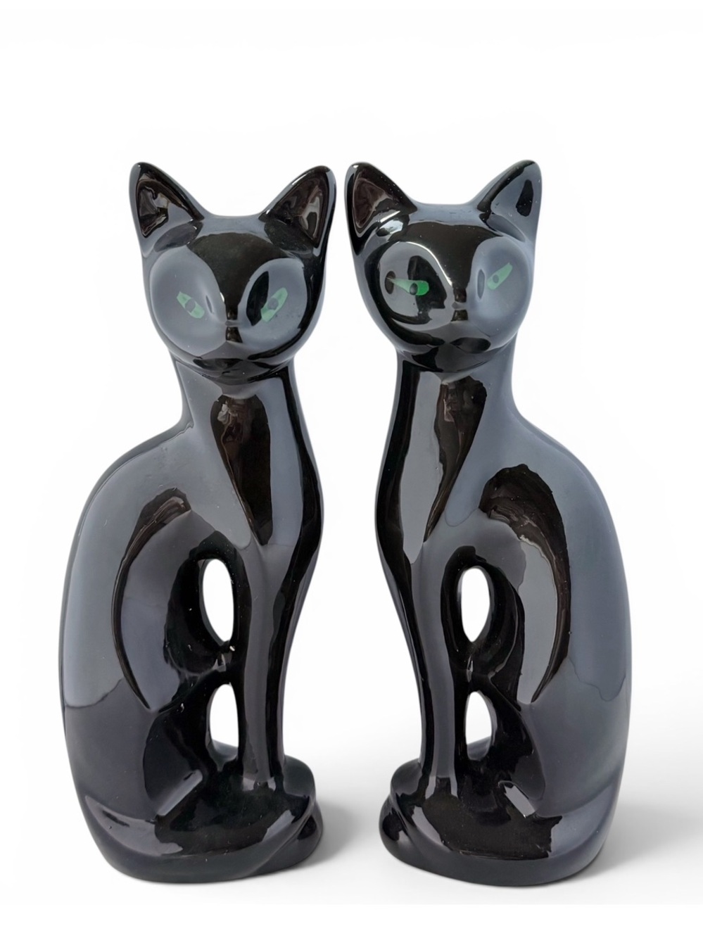 Vintage Mod MCM Pair Set of Black Cats with Green Eyes Ceramic Figurines 10”